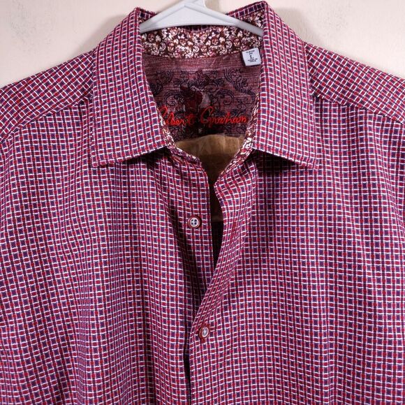 Robert Graham Shirt Men's Large Red Purple Woven Cotton Check Flip Cuff  Skulls - Picture 1 of 15